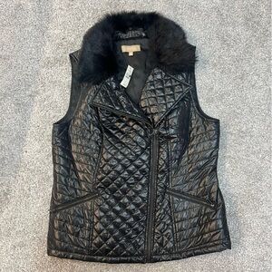 Talbots Vest women’s large black quilted zip puffer fur trim NEW